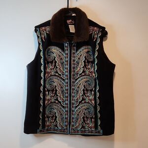 Bob Mackie Wearable Art Embroidered Fleece Vest Womens L Black Faux Fur Paisley